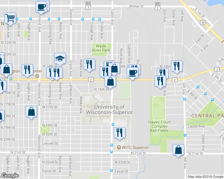 map of restaurants, bars, coffee shops, grocery stores, and more near 701 North 16th Street in Superior