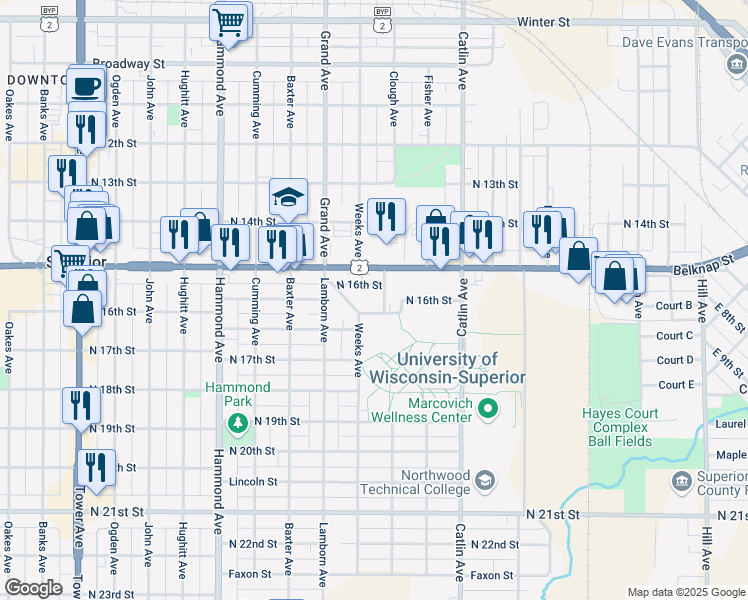 map of restaurants, bars, coffee shops, grocery stores, and more near 1521 Clough Avenue in Superior