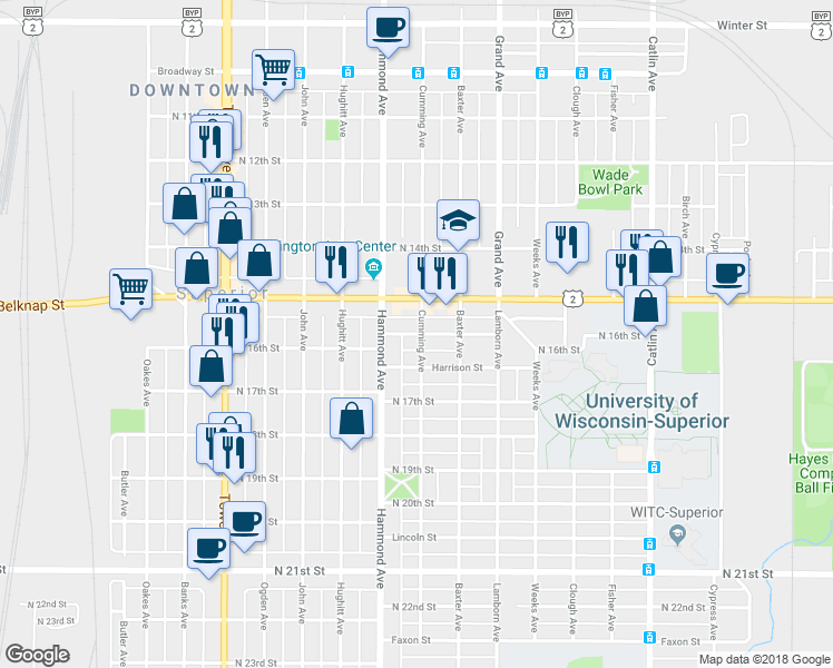 map of restaurants, bars, coffee shops, grocery stores, and more near 1303 North 16th Street in Superior