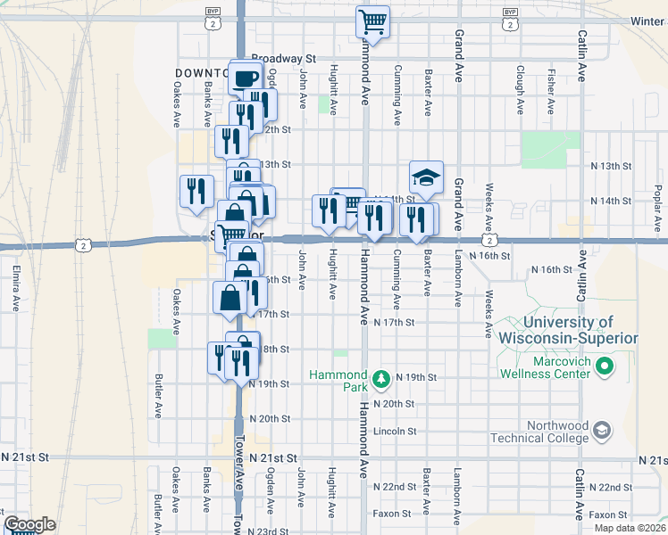 map of restaurants, bars, coffee shops, grocery stores, and more near 1512 North 16th Street in Superior