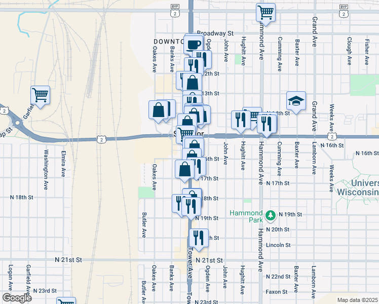 map of restaurants, bars, coffee shops, grocery stores, and more near 1601 Tower Avenue in Superior