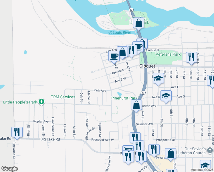 map of restaurants, bars, coffee shops, grocery stores, and more near 410 Park Avenue in Cloquet