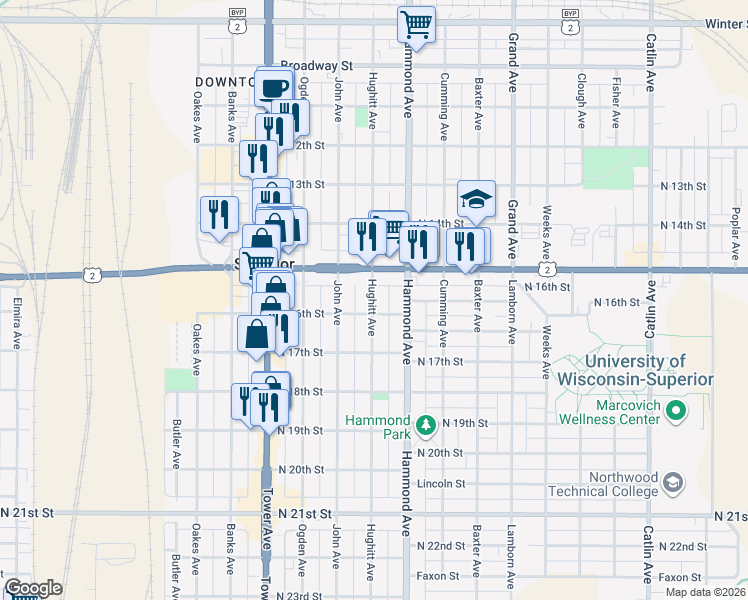 map of restaurants, bars, coffee shops, grocery stores, and more near 1512 North 16th Street in Superior