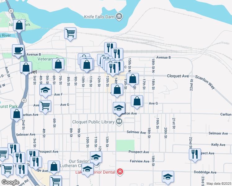 map of restaurants, bars, coffee shops, grocery stores, and more near 101 14th Street in Cloquet