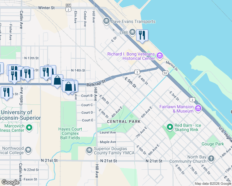 map of restaurants, bars, coffee shops, grocery stores, and more near 207 East 7th Street in Superior