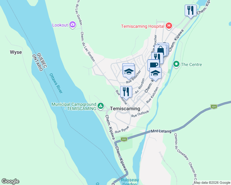 map of restaurants, bars, coffee shops, grocery stores, and more near 60 Rue Thorne in Tã©Miscaming