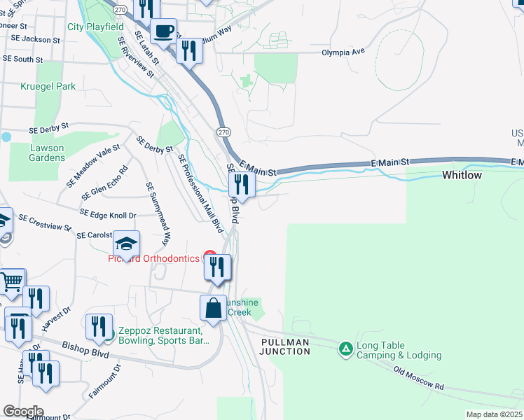 map of restaurants, bars, coffee shops, grocery stores, and more near 33 Southeast Bleasner Drive in Pullman