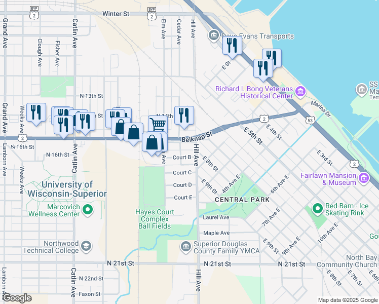 map of restaurants, bars, coffee shops, grocery stores, and more near in Superior