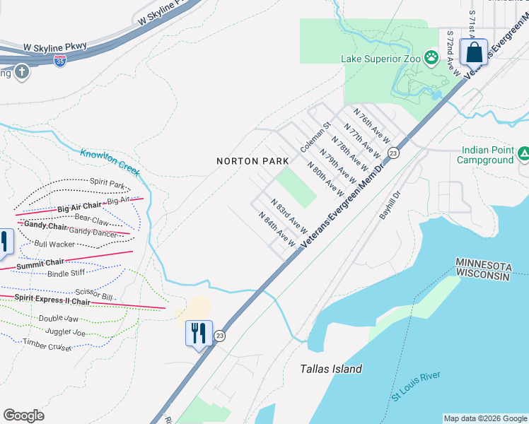 map of restaurants, bars, coffee shops, grocery stores, and more near 435 North 83rd Avenue West in Duluth