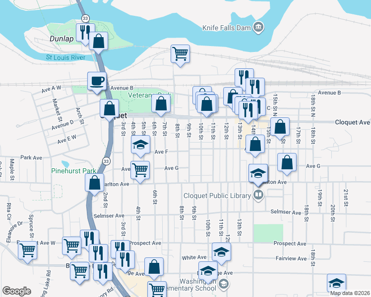 map of restaurants, bars, coffee shops, grocery stores, and more near 26 8th Street in Cloquet