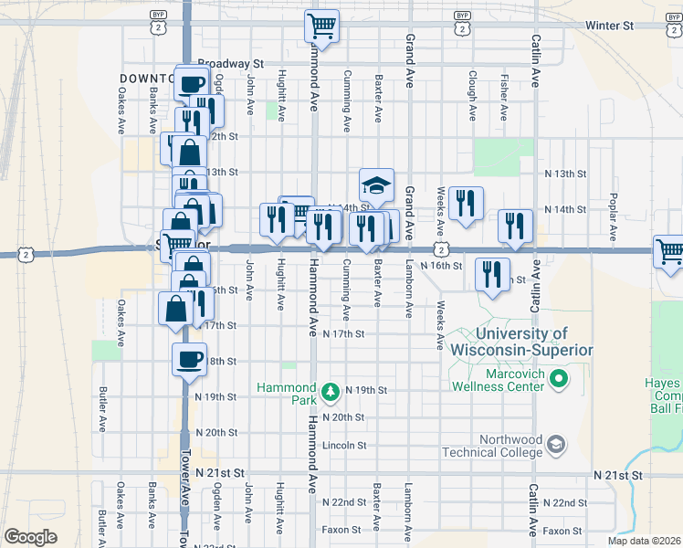 map of restaurants, bars, coffee shops, grocery stores, and more near 1310 Belknap Street in Superior