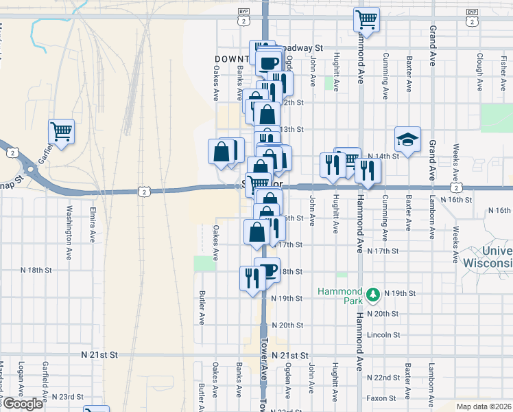 map of restaurants, bars, coffee shops, grocery stores, and more near 1517 Tower Avenue in Superior