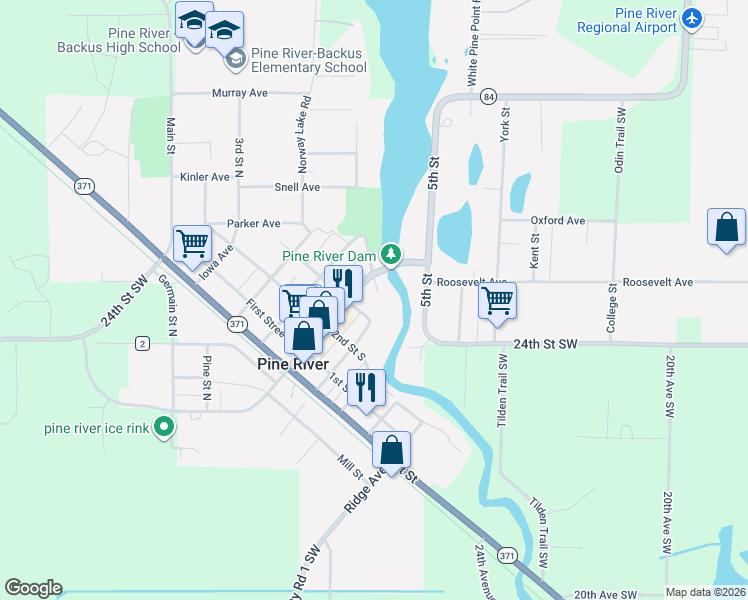 map of restaurants, bars, coffee shops, grocery stores, and more near 424 Barclay Avenue in Pine River
