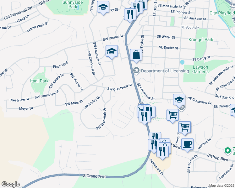 map of restaurants, bars, coffee shops, grocery stores, and more near 410 Southwest Crestview Street in Pullman
