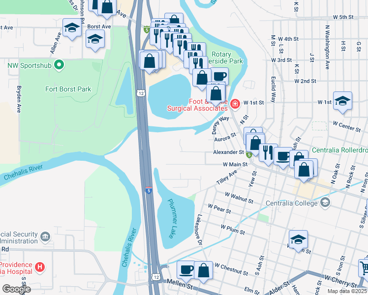 map of restaurants, bars, coffee shops, grocery stores, and more near 1317 Alexander Street in Centralia