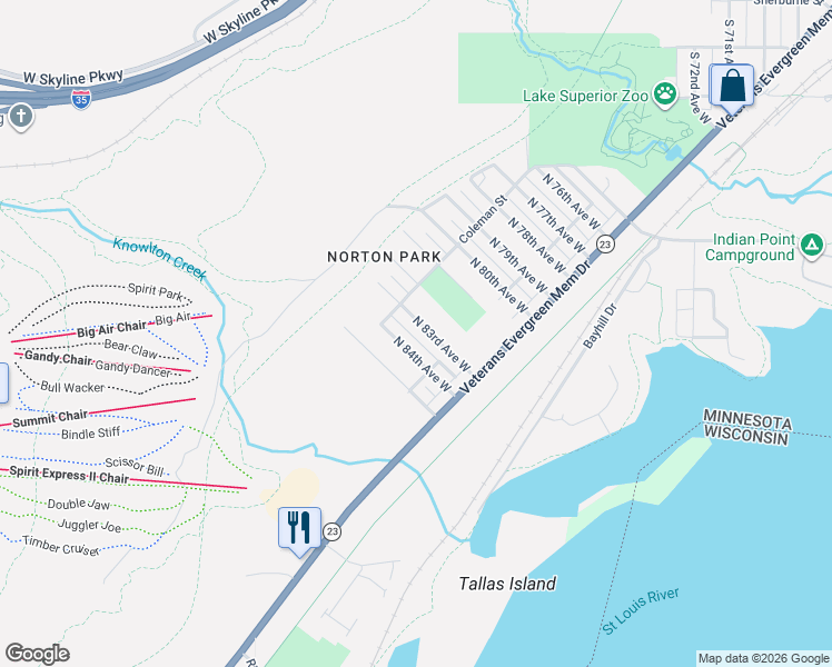 map of restaurants, bars, coffee shops, grocery stores, and more near 435 North 83rd Avenue West in Duluth