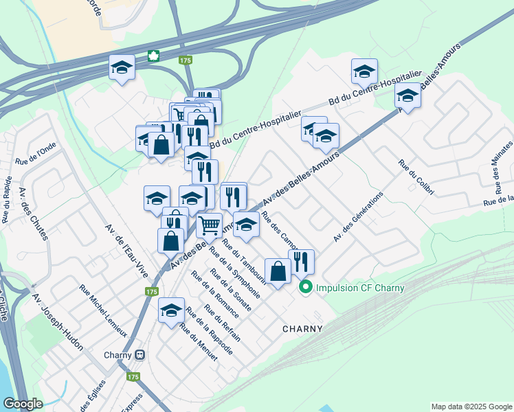 map of restaurants, bars, coffee shops, grocery stores, and more near 6024 Avenue des Belles Amours in Lévis