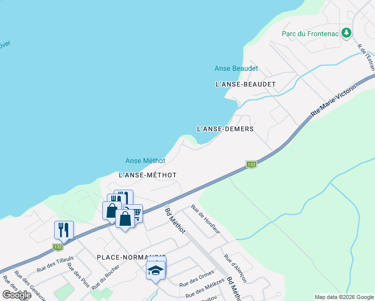 map of restaurants, bars, coffee shops, grocery stores, and more near 1778 Chemin des Pluviers in Lévis