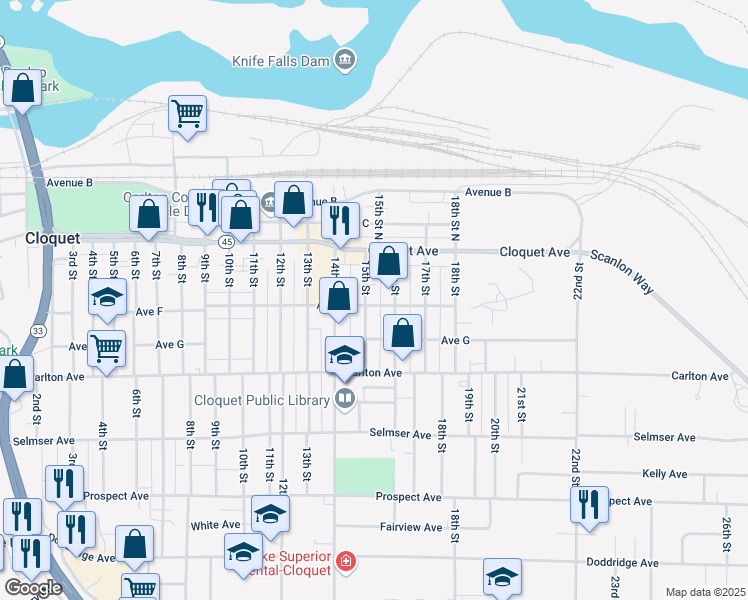 map of restaurants, bars, coffee shops, grocery stores, and more near 17 15th Street in Cloquet