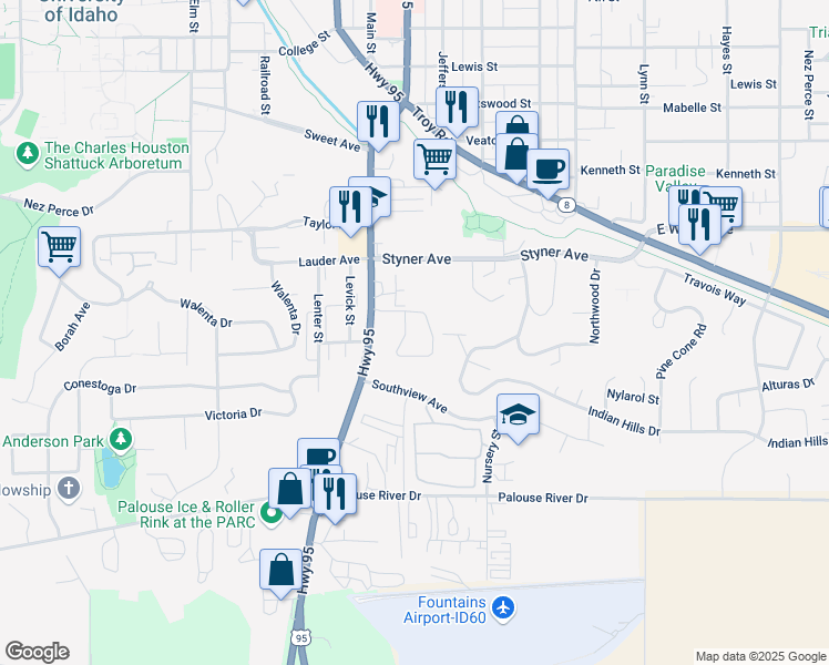 map of restaurants, bars, coffee shops, grocery stores, and more near 1636 South Main Street in Moscow