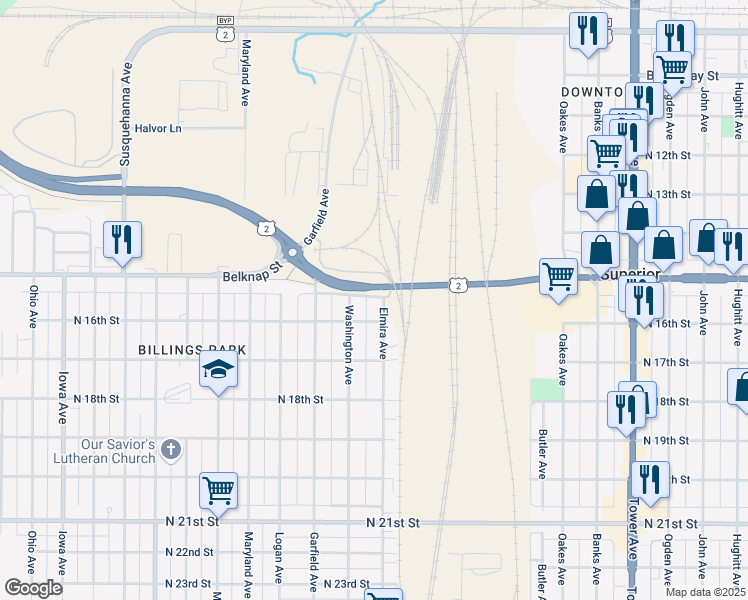 map of restaurants, bars, coffee shops, grocery stores, and more near 1500 Elmira Avenue in Superior
