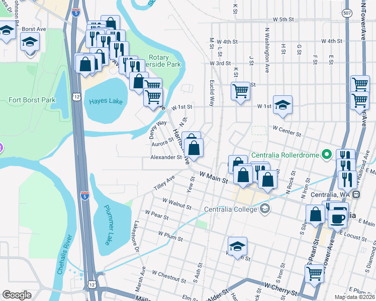map of restaurants, bars, coffee shops, grocery stores, and more near 130 Harrison Avenue in Centralia