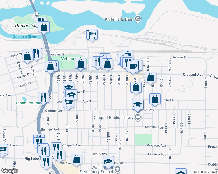 map of restaurants, bars, coffee shops, grocery stores, and more near 26 11th Street in Cloquet