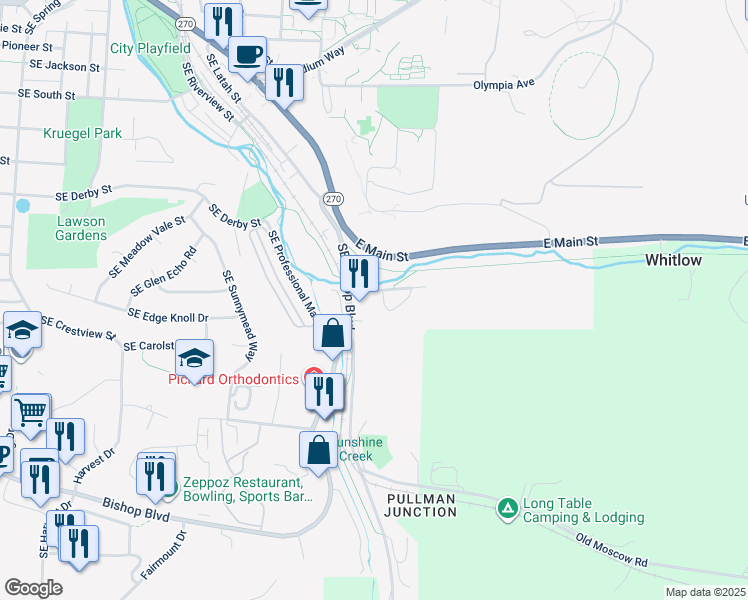 map of restaurants, bars, coffee shops, grocery stores, and more near in Pullman