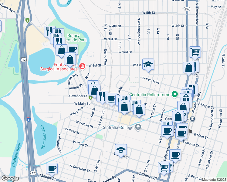 map of restaurants, bars, coffee shops, grocery stores, and more near 2ND Goff Street in Centralia