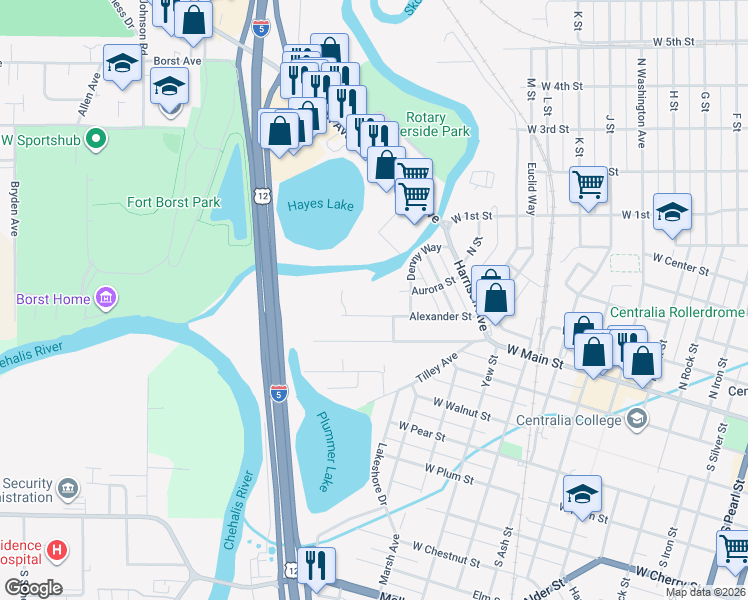 map of restaurants, bars, coffee shops, grocery stores, and more near 305 Denny Way in Centralia