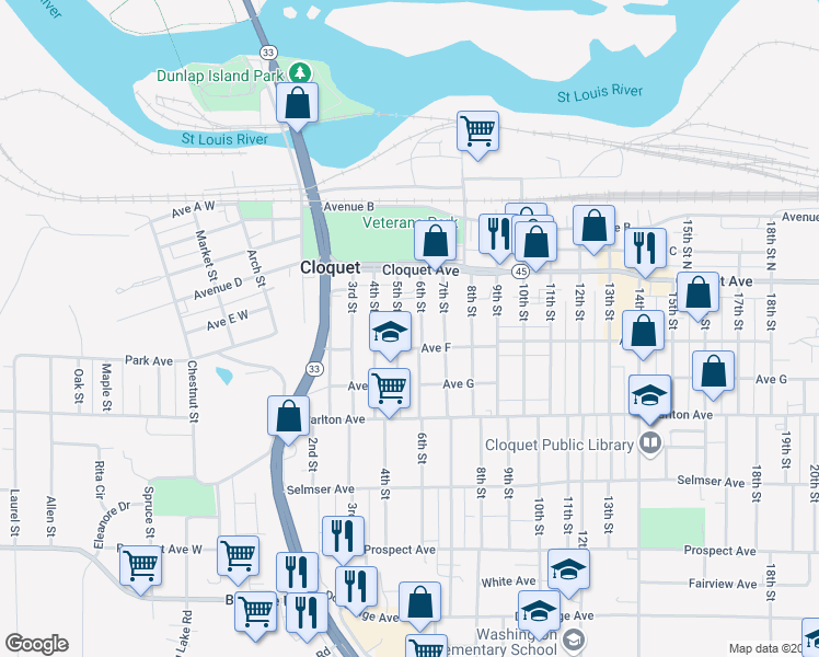 map of restaurants, bars, coffee shops, grocery stores, and more near 45 6th Street in Cloquet