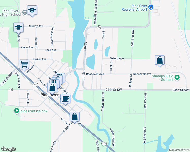 map of restaurants, bars, coffee shops, grocery stores, and more near 725 Roosevelt Avenue in Pine River