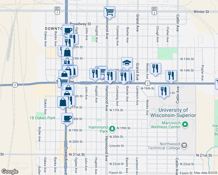 map of restaurants, bars, coffee shops, grocery stores, and more near 1310 Belknap Street in Superior