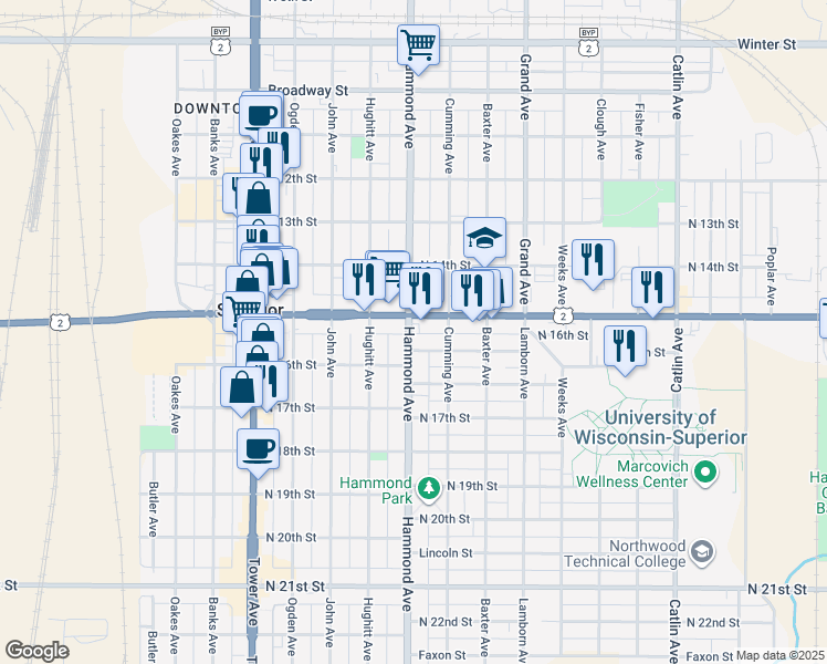 map of restaurants, bars, coffee shops, grocery stores, and more near 1310 Belknap Street in Superior