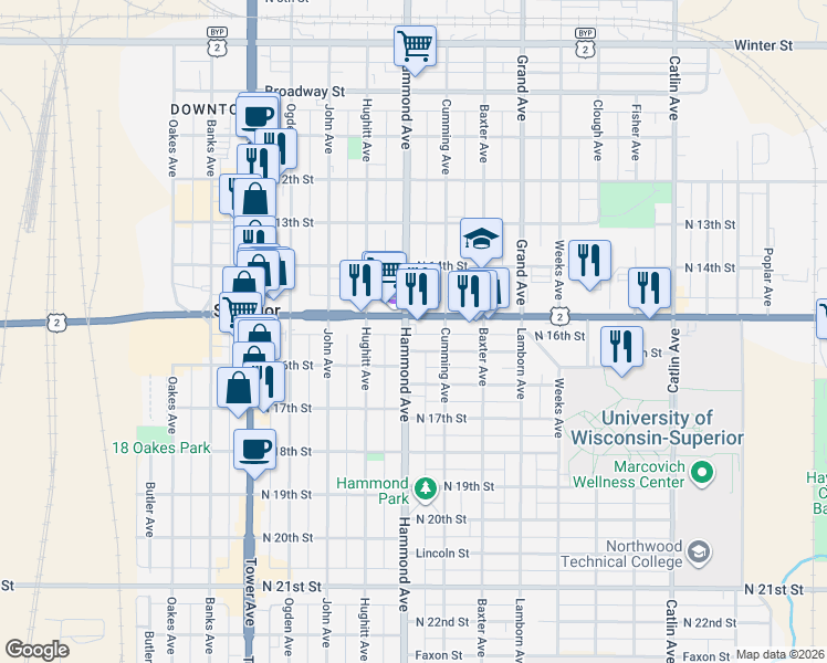 map of restaurants, bars, coffee shops, grocery stores, and more near 1310 Belknap Street in Superior