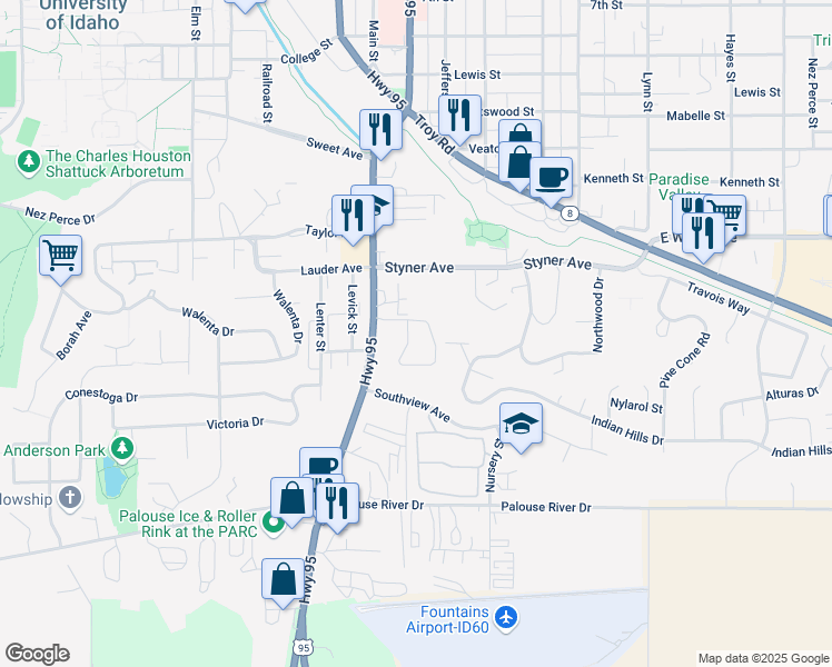map of restaurants, bars, coffee shops, grocery stores, and more near 1636 South Main Street in Moscow