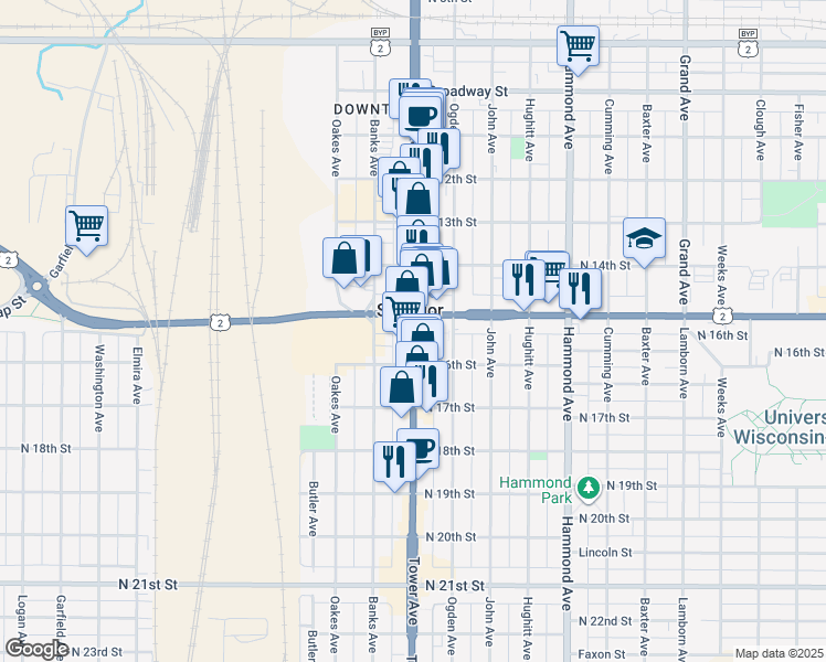 map of restaurants, bars, coffee shops, grocery stores, and more near 1525 Tower Avenue in Superior