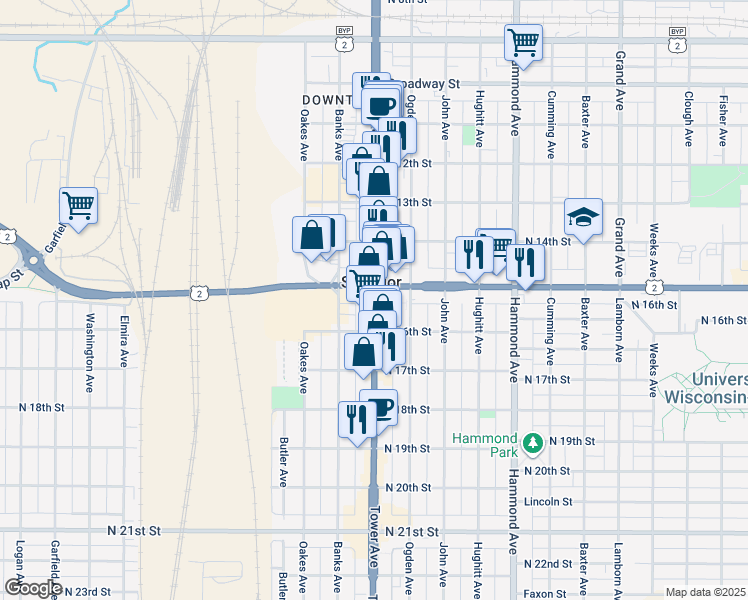 map of restaurants, bars, coffee shops, grocery stores, and more near 1525 Tower Avenue in Superior