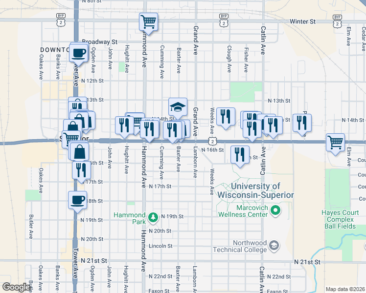 map of restaurants, bars, coffee shops, grocery stores, and more near 1102 Belknap Street in Superior