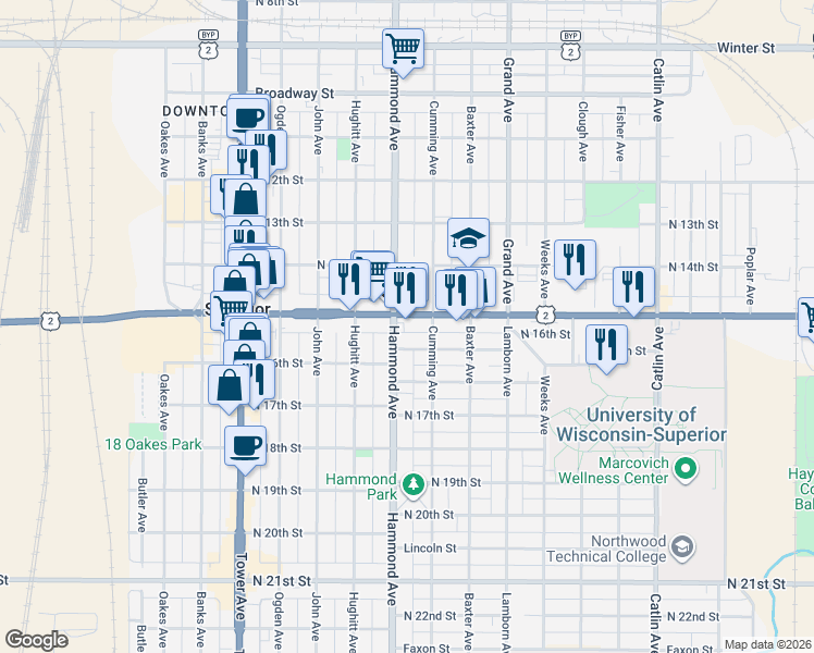 map of restaurants, bars, coffee shops, grocery stores, and more near 1310 Belknap Street in Superior