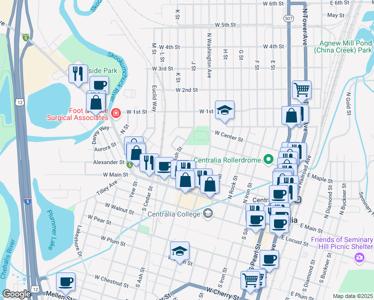 map of restaurants, bars, coffee shops, grocery stores, and more near 809 Parkway Street in Centralia