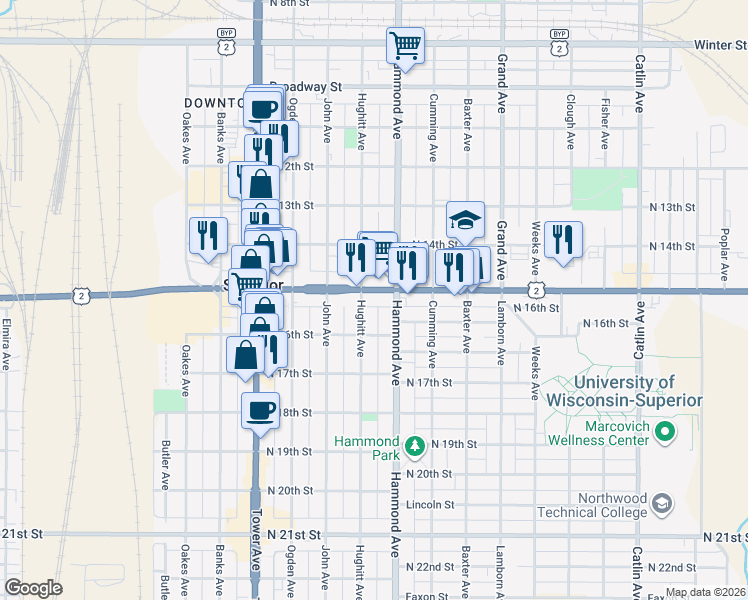map of restaurants, bars, coffee shops, grocery stores, and more near 1402 Belknap Street in Superior