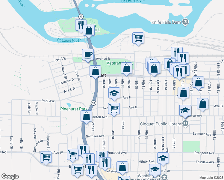 map of restaurants, bars, coffee shops, grocery stores, and more near 25 5th Street in Cloquet