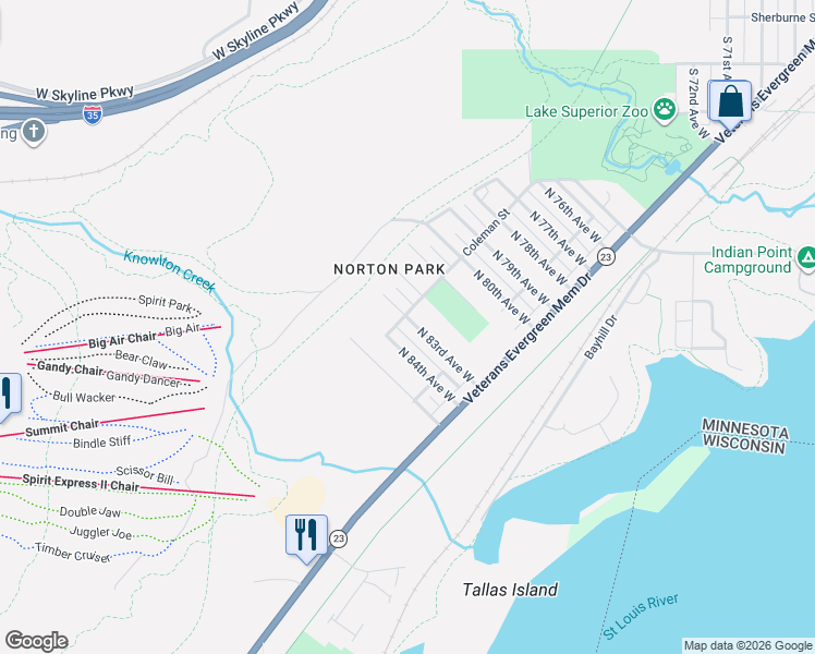 map of restaurants, bars, coffee shops, grocery stores, and more near 435 North 83rd Avenue West in Duluth