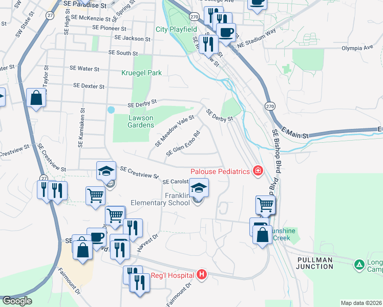 map of restaurants, bars, coffee shops, grocery stores, and more near 810 Southeast Greenhill Road in Pullman