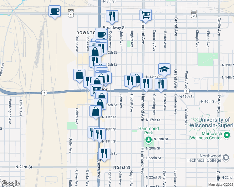 map of restaurants, bars, coffee shops, grocery stores, and more near 1612 Belknap Street in Superior