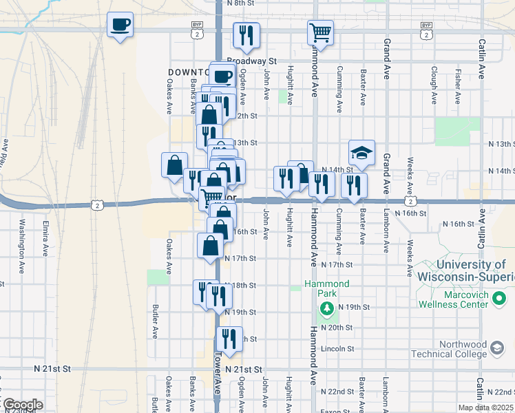 map of restaurants, bars, coffee shops, grocery stores, and more near 1612 Belknap Street in Superior