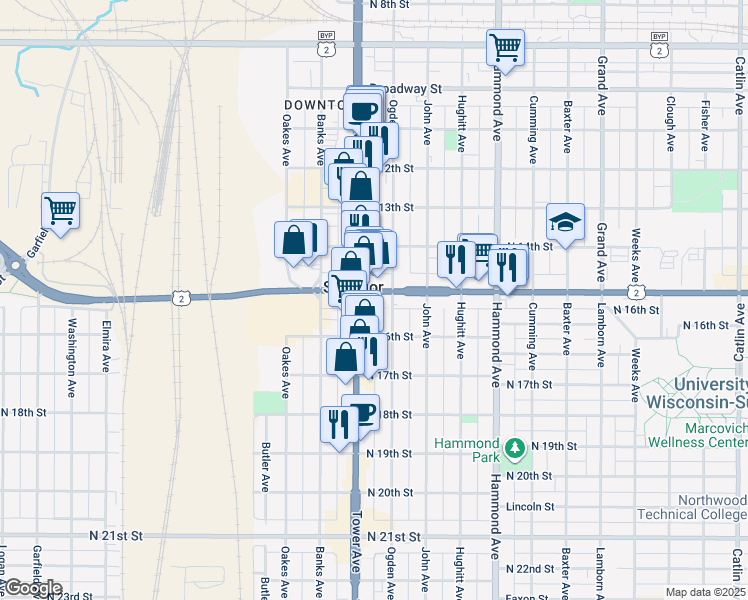 map of restaurants, bars, coffee shops, grocery stores, and more near 1708 Belknap Street in Superior
