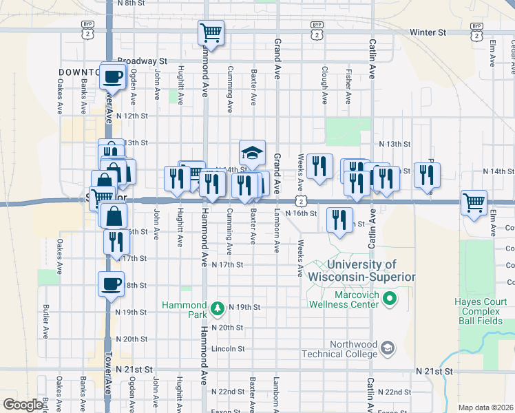 map of restaurants, bars, coffee shops, grocery stores, and more near 1124 Belknap Street in Superior