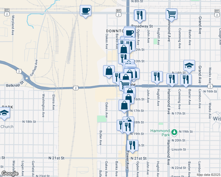 map of restaurants, bars, coffee shops, grocery stores, and more near 1516 Oakes Avenue in Superior
